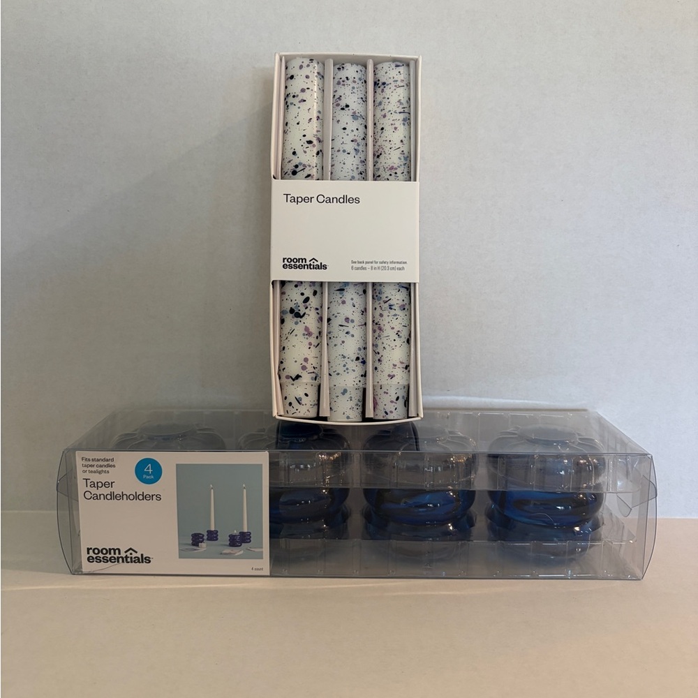 Room Essentials White Speckled Taper Candles with Blue Taper Candleholders
